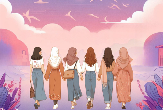 A graphic image of six women walking away, in front of a pink and purple background, filled with clouds and birds.